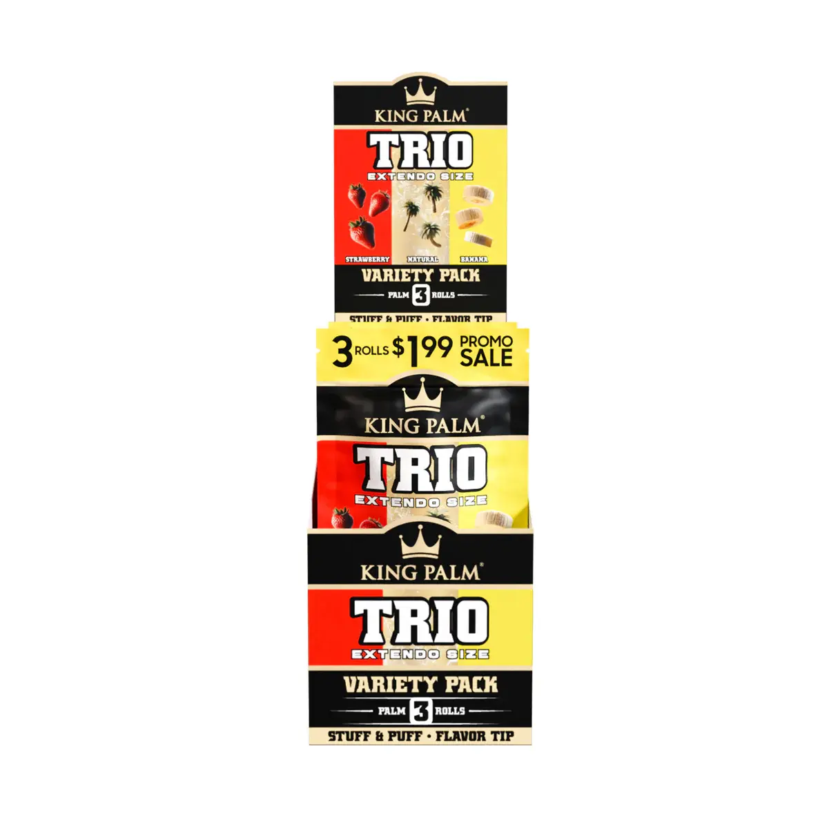 [Q-4839-01] King Palm Extendo Size Trio Leaf Tubes 3 for $1.99 - 15ct  (Natural / Strawberry / Banana)