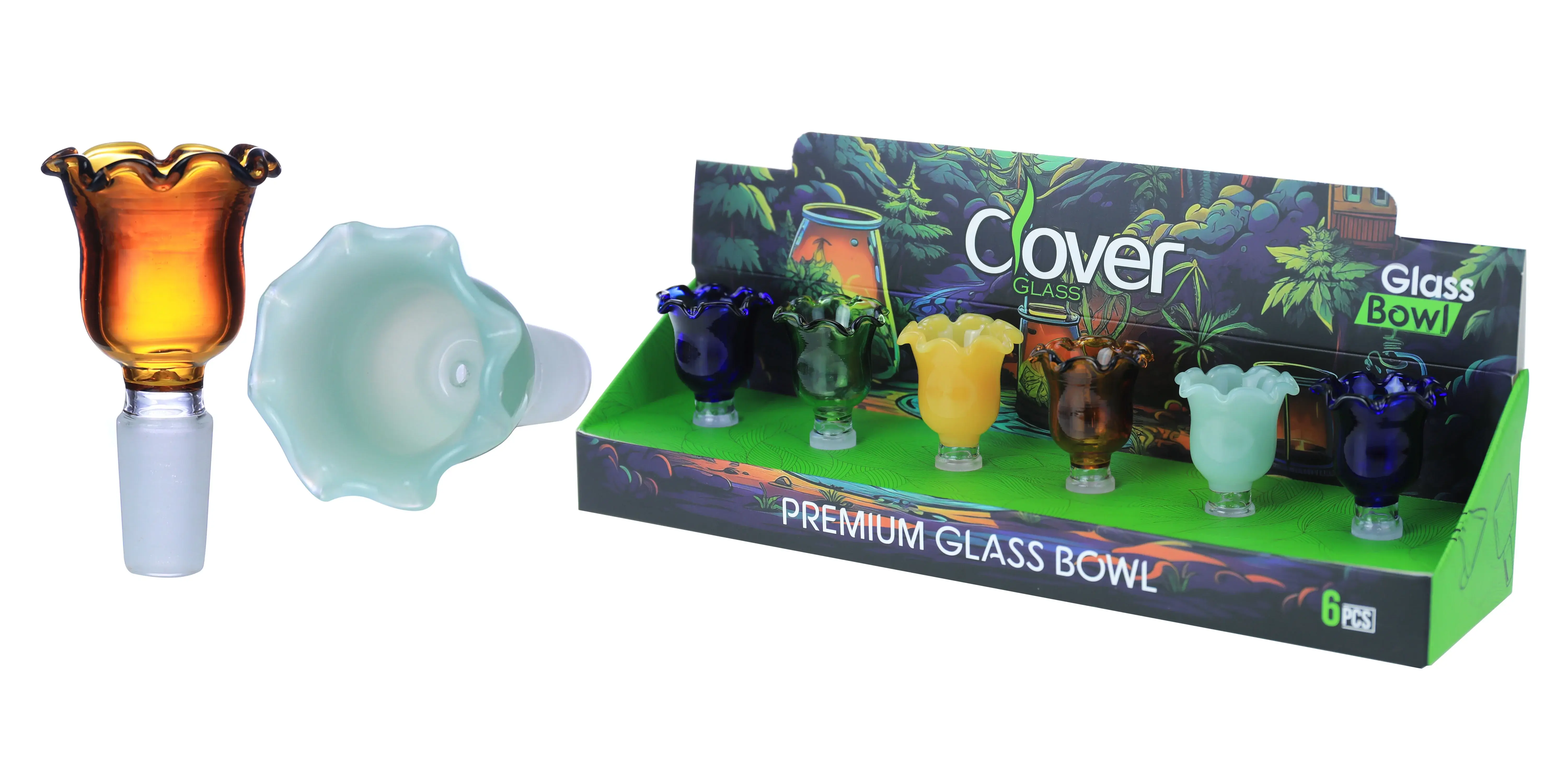 [10102-02] Clover Glass Blow Head 14MM 6Pc a Display Mix Color  (Tulip)