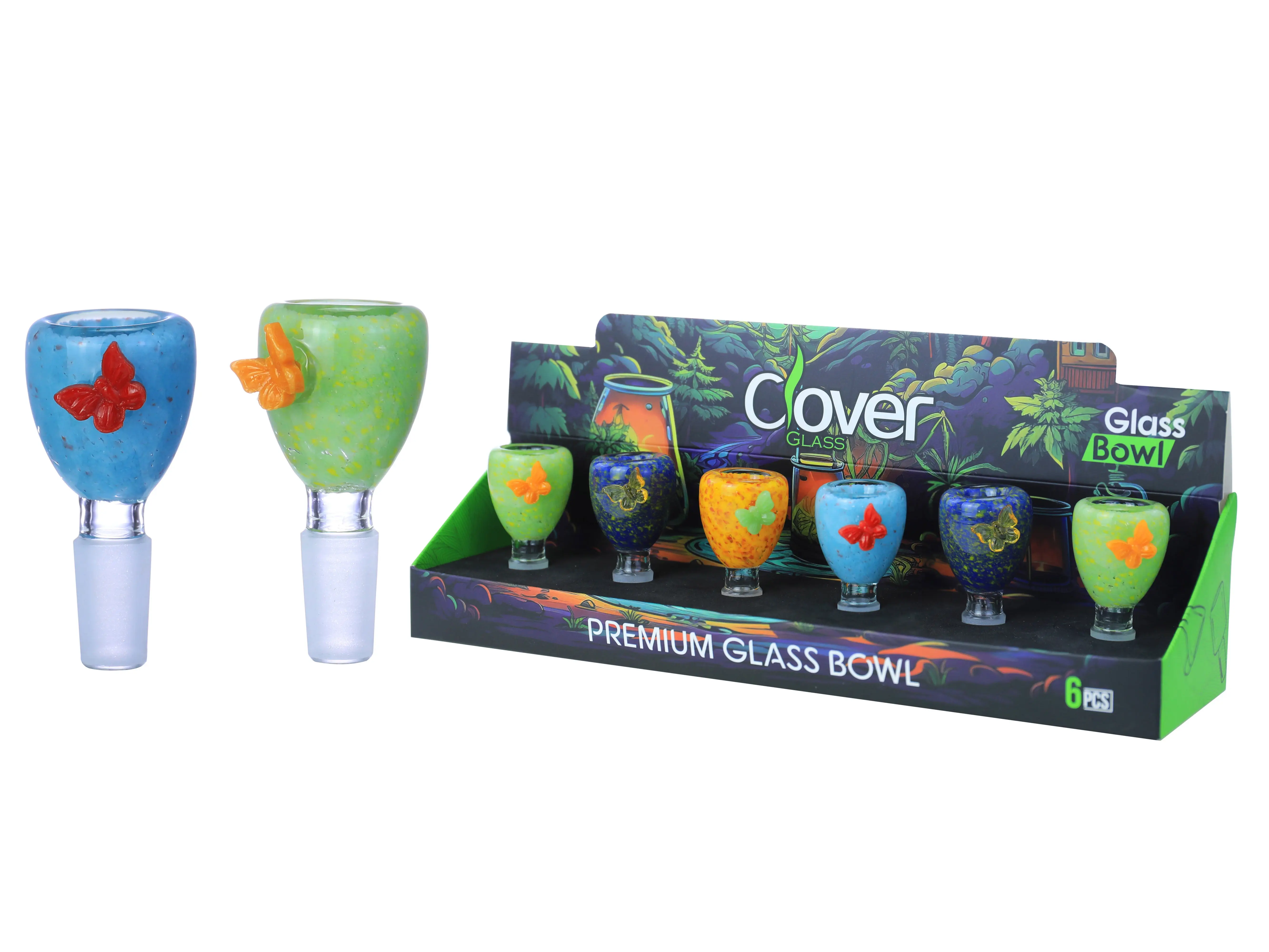 [10102-10] Clover Glass Blow Head 14MM 6Pc a Display Mix Color  (Thick Cylinder With Butterfly)