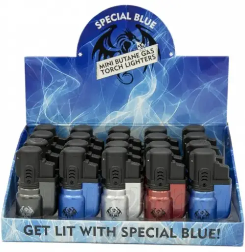 [Q-3607] SPECIAL BLUE BULLET METAL MINI BUTANE GAS TORCH LIGHTERS - ASSORTED COLORS - DISPLAY OF 20	