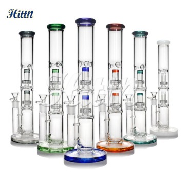 [Q-4430] Double Showerhead Perc 18mm Bowl Bong 17″ Mixed colors