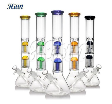 [Q-4447] WATER PIPE 16 inches thick GLASS double 8 tree arms perc mixed colors